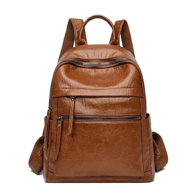 Sac à dos étudiant cuir souple PU grande capacité – noir/marron antivol