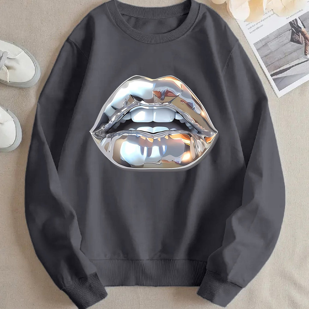Sweat à manches longues femme motif lèvres silver cartoon.style fun et tendance.