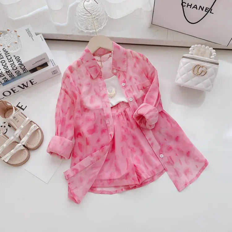Ensemble anti-UV fille pois rose 2 pièces – chemise + short