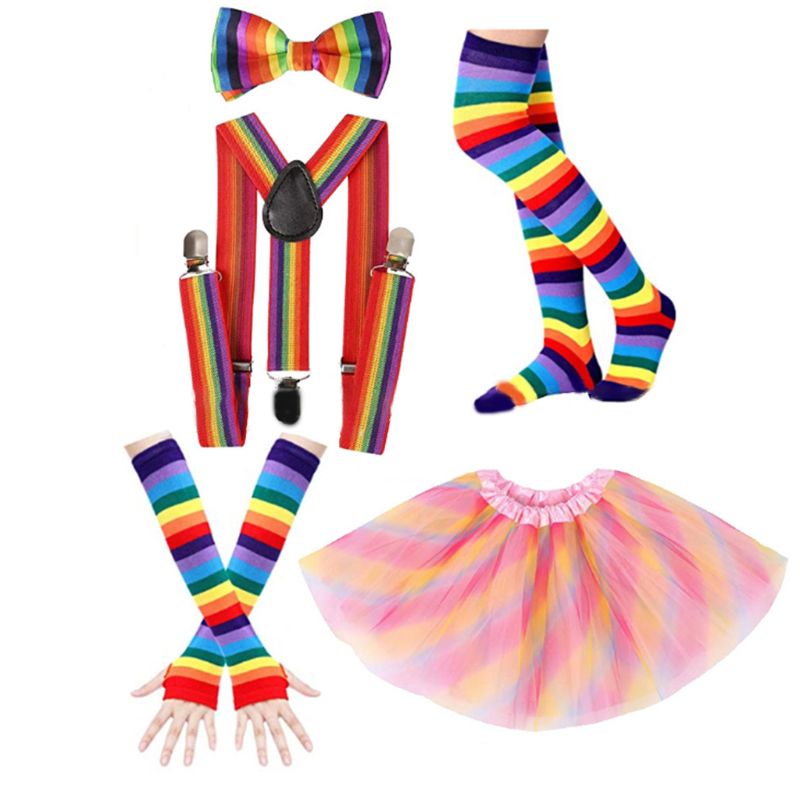 Ensemble jupe tutu arc-en-ciel néon avec gants, bretelles et nœud papillon