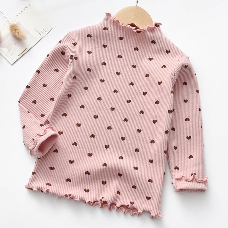 T-shirt manches longues coton fille cœur – blanc/rose/gris
