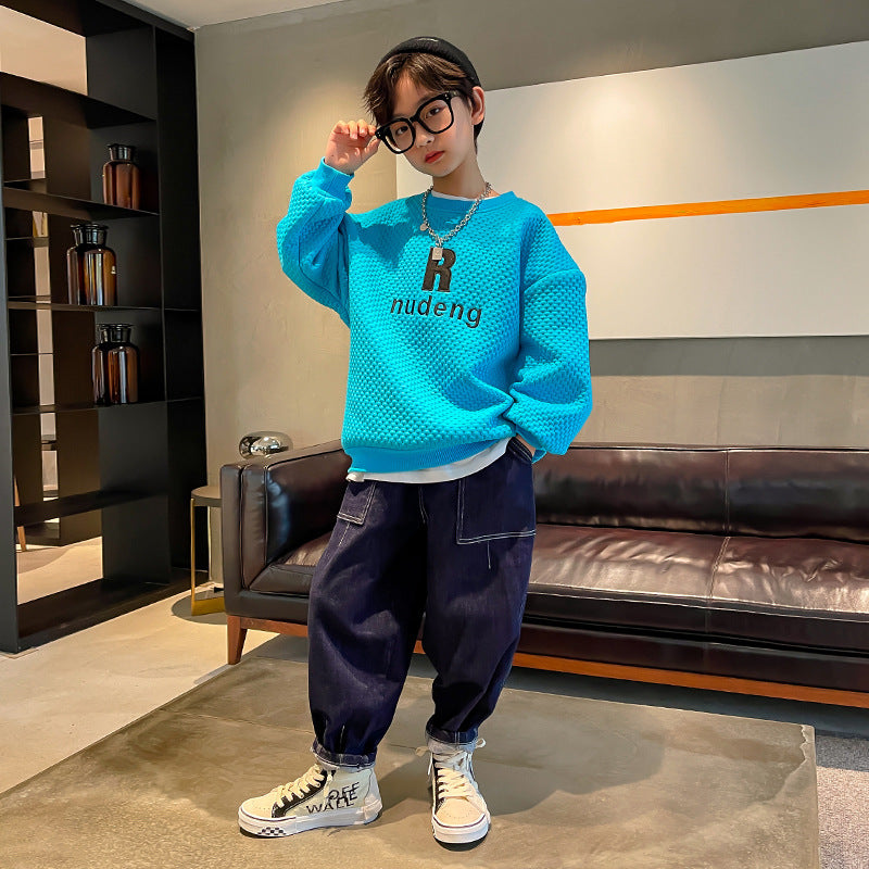 Sweat-shirt waffle streetwear coréen garçon – noir/bleu