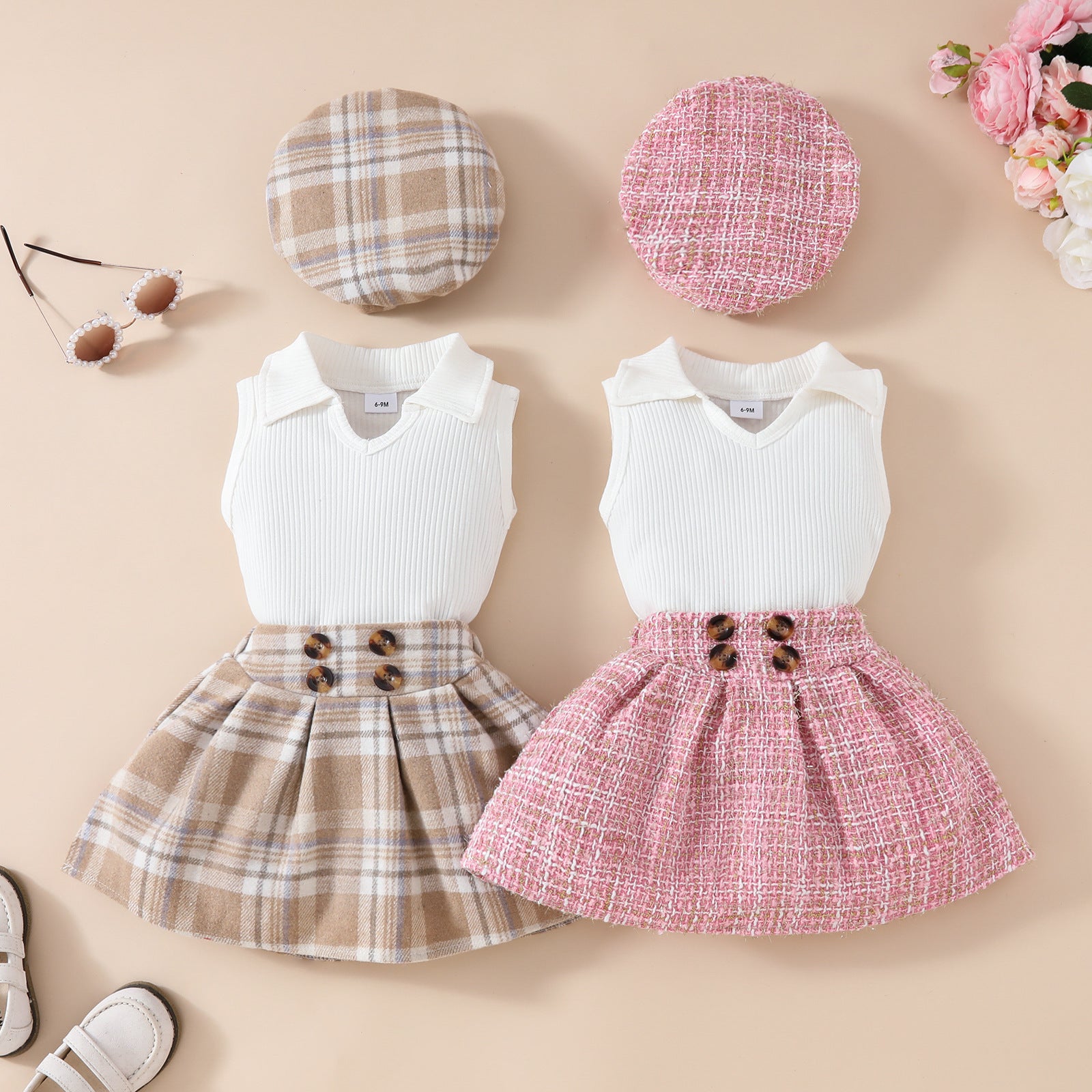 Ensemble fille 3 pièces béret haut jupe à carreaux – rose ou blanc laiteux